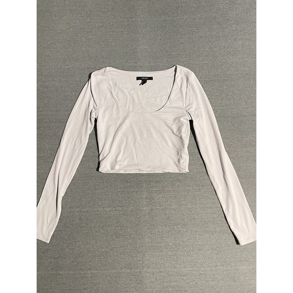 Forever 21 Light Blue Long Sleeve Crop Top Medium Stretch Basic Scoop Neck